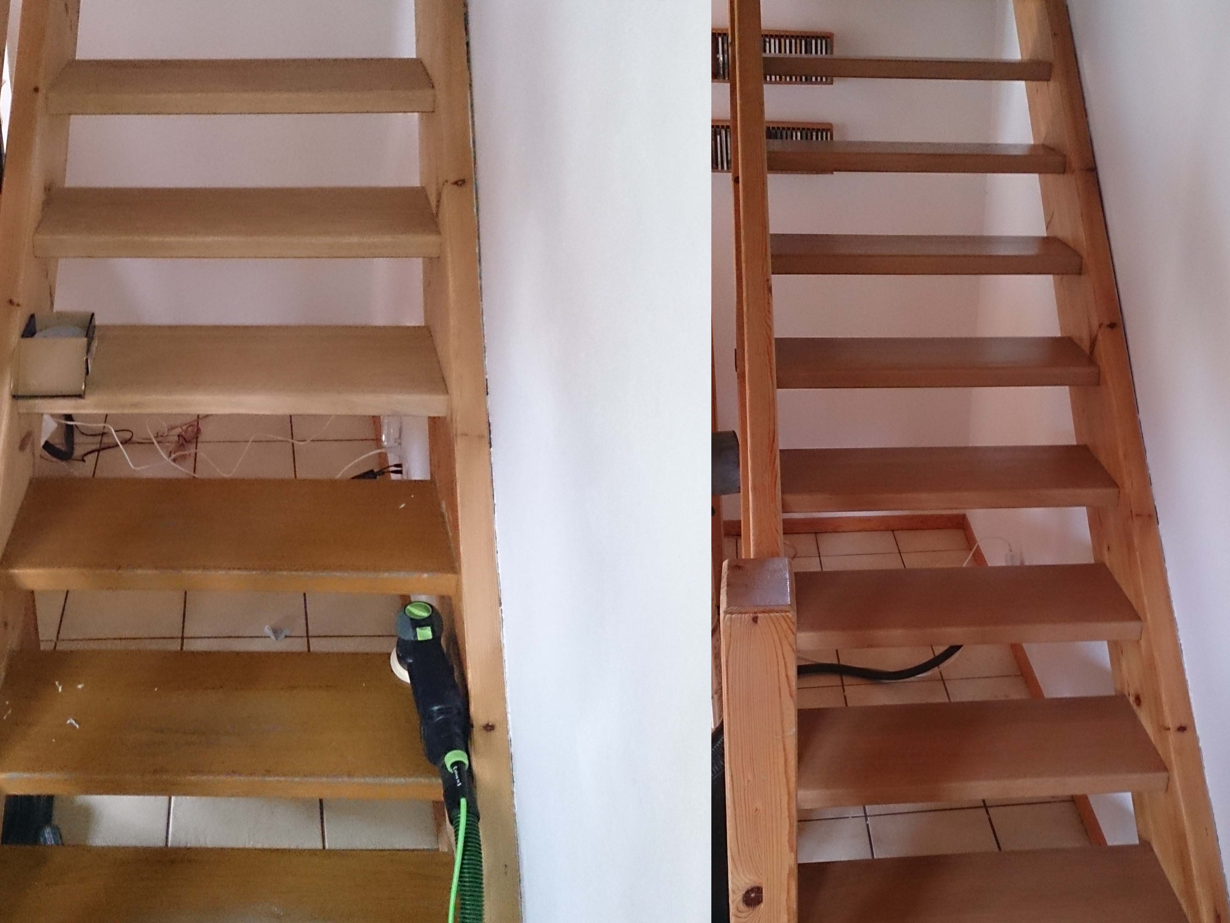 Vorher und nachher einer renovierten Holztreppe